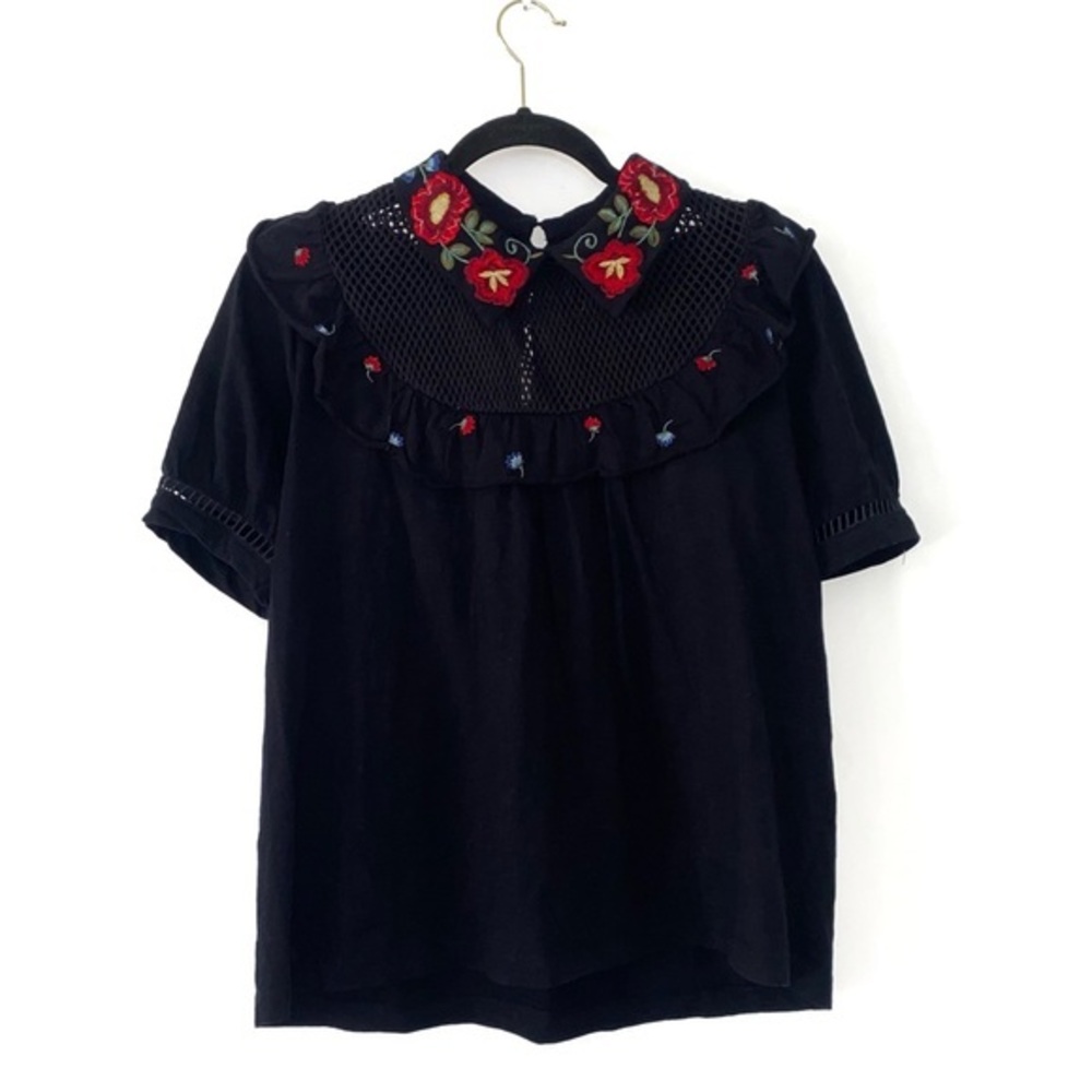 Ranna Gill Anthropologie Collar Crochet Chest Embroidered Floral Black Top xxs